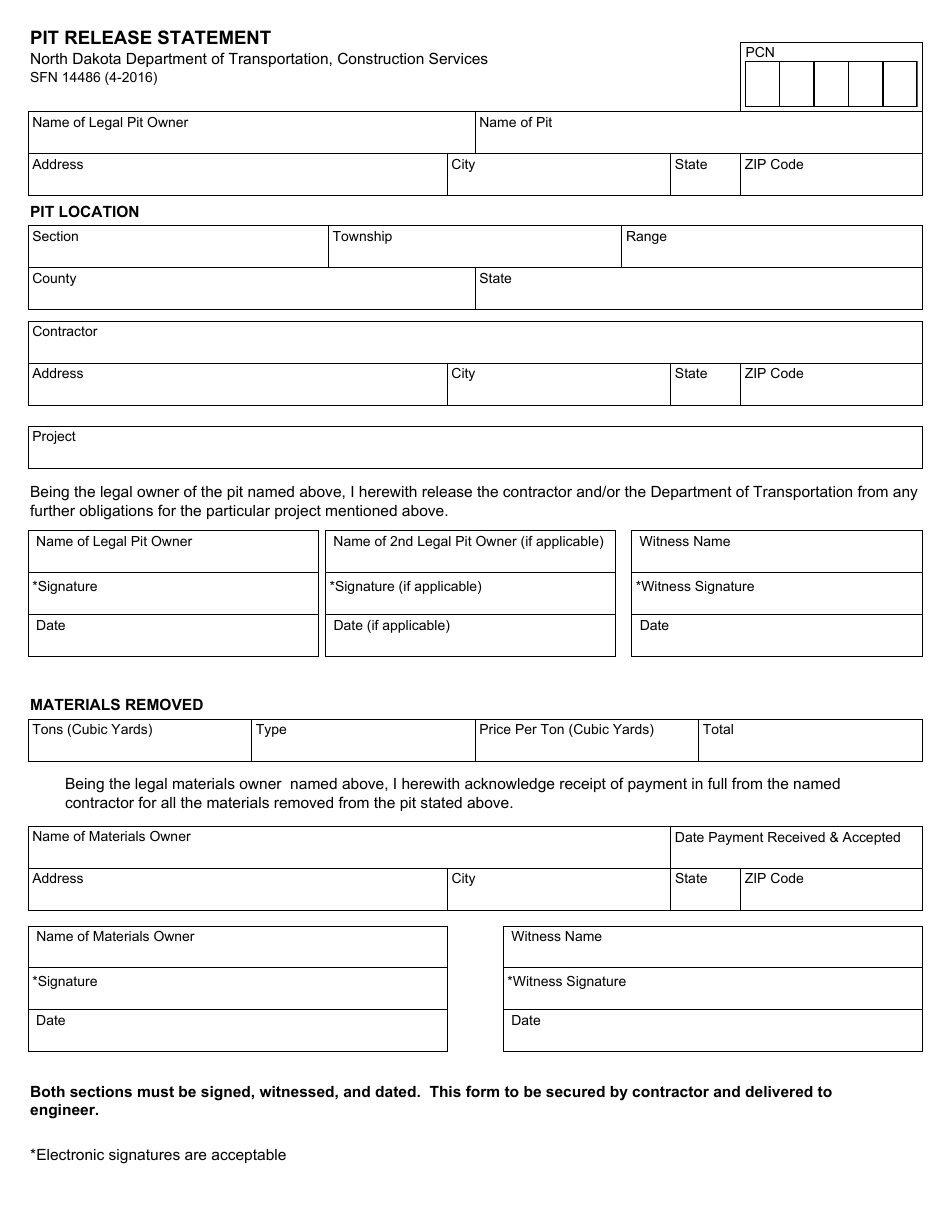 Form SFN14486 Pit Release Statement - North Dakota, Page 1