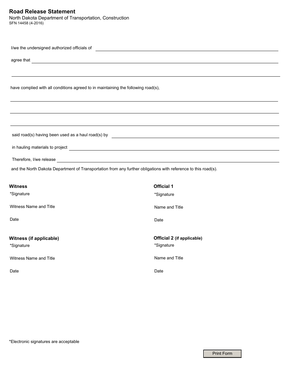 Form SFN14458 Road Release Statement - North Dakota, Page 1
