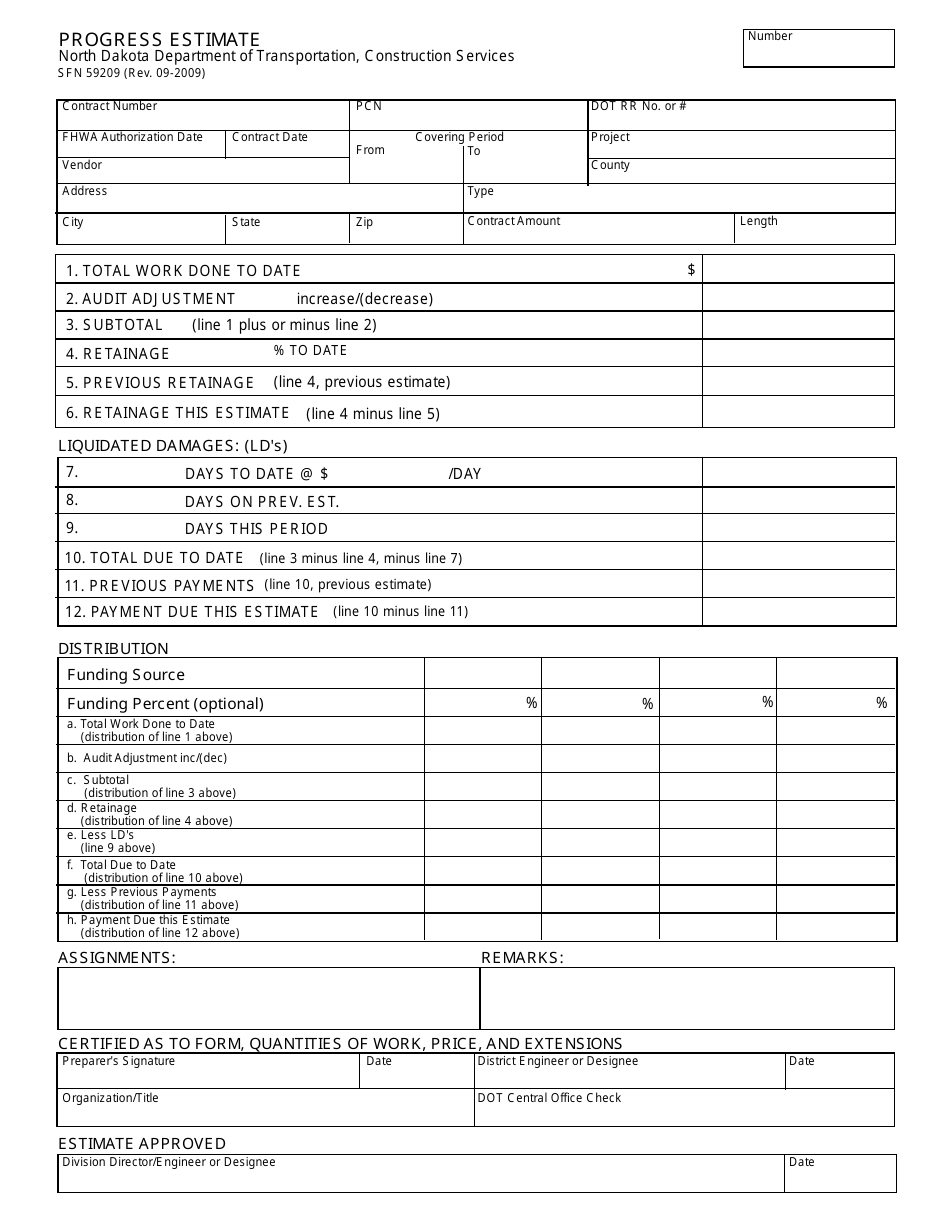 Form SFN59209 Progress Estimate - North Dakota, Page 1
