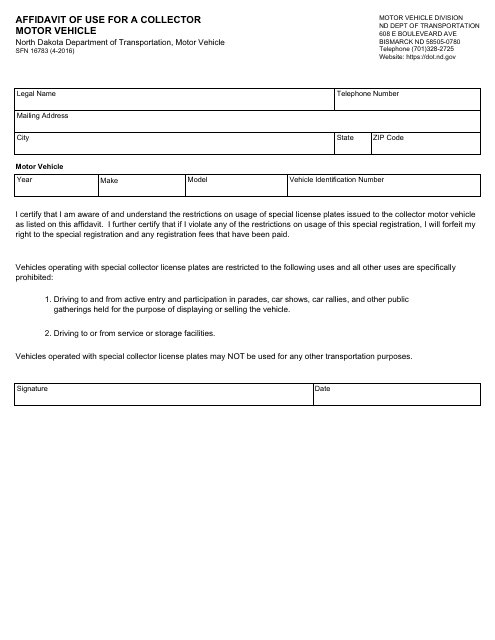 form sfn16783 affidavit of use for a collector motor vehicle north dakota big