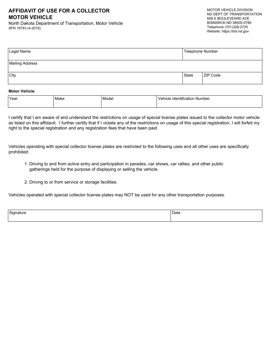 form sfn16783 affidavit of use for a collector motor vehicle north dakota print big