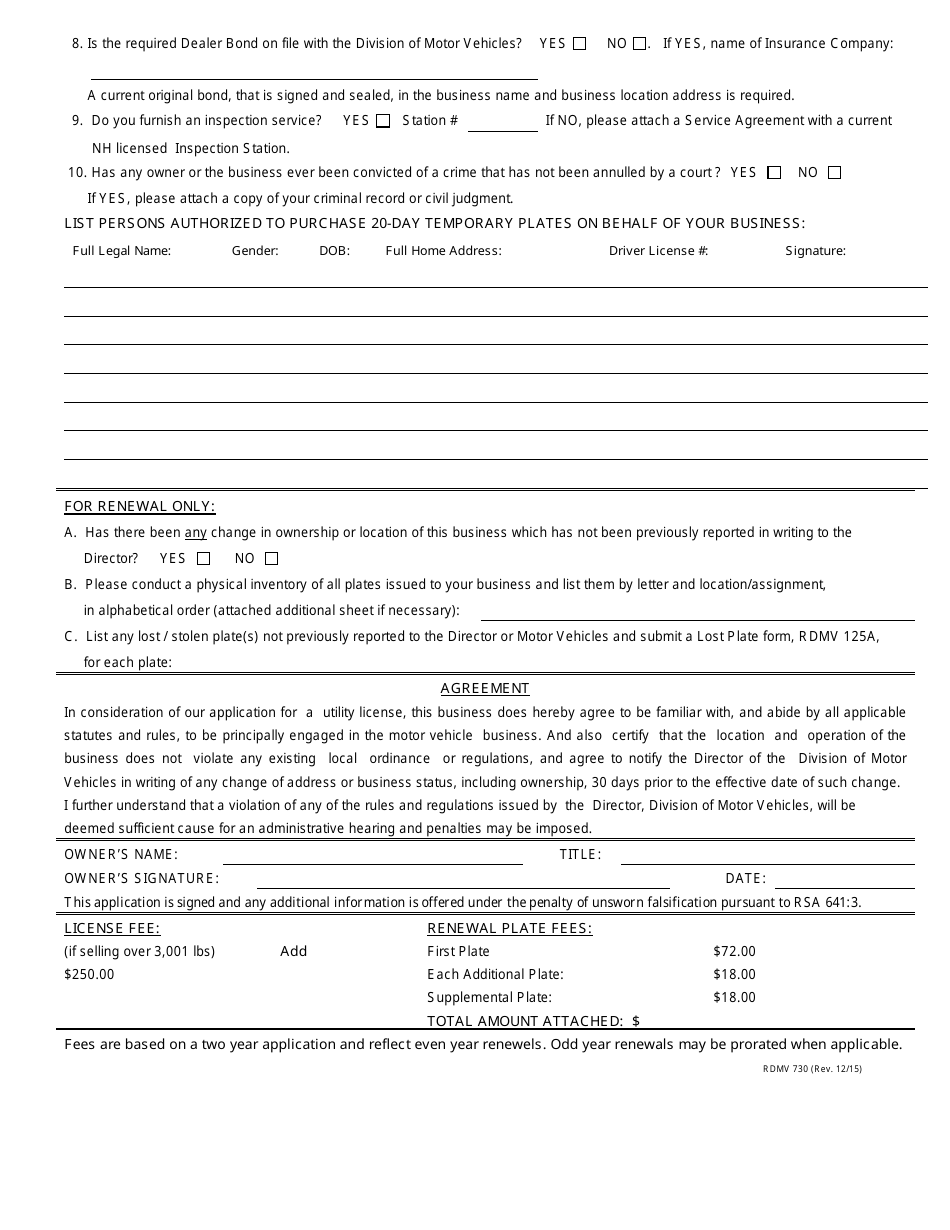 Form RDMV730 Application for Utility Dealer Registration - New Hampshire, Page 4