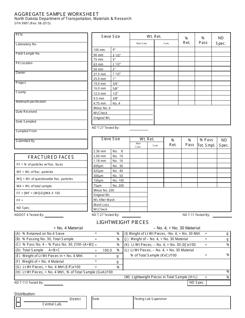 Form SFN9987 Aggregate Sample Worksheet - North Dakota, Page 1