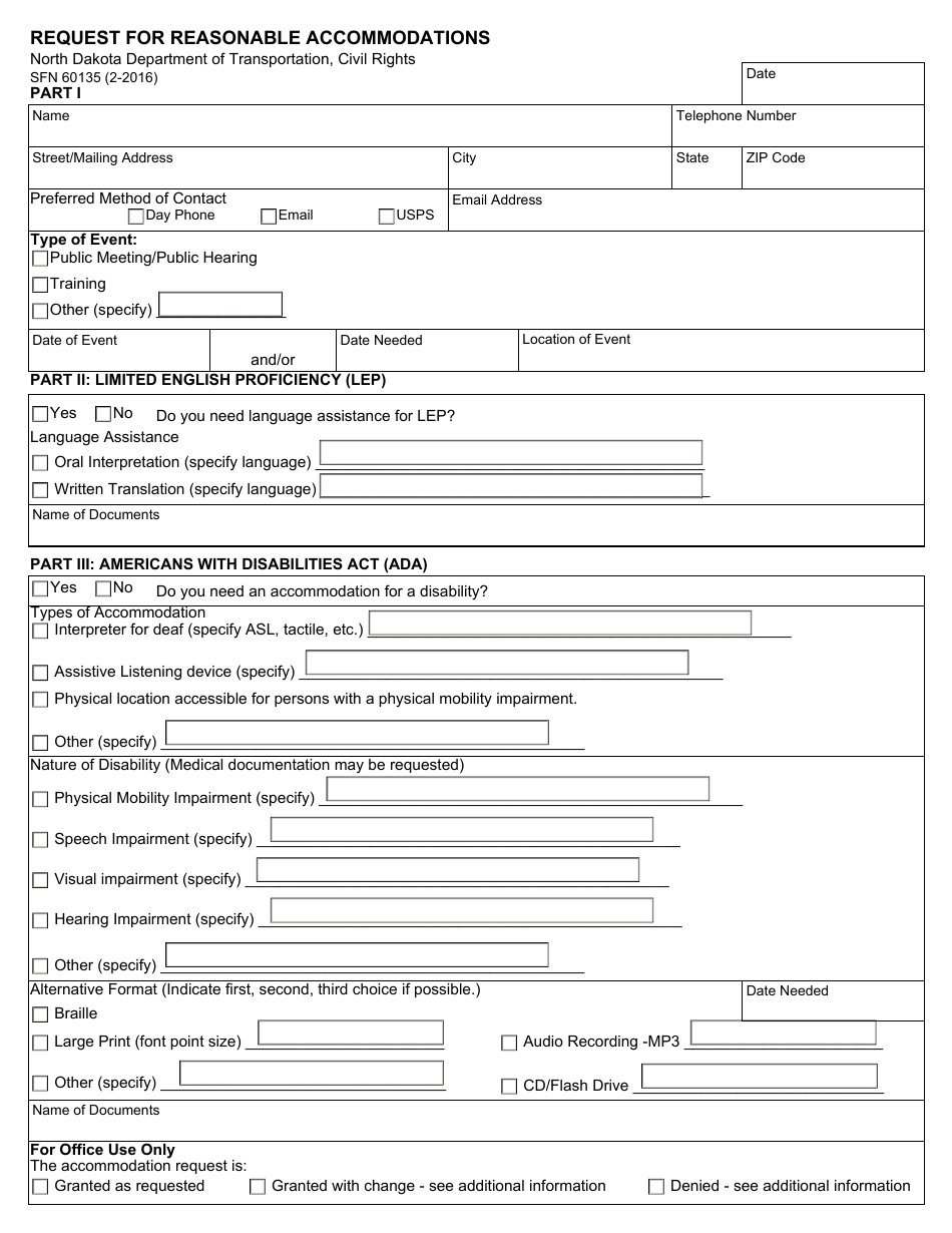 Form SFN60135 Request for Reasonable Accommodations - North Dakota, Page 1