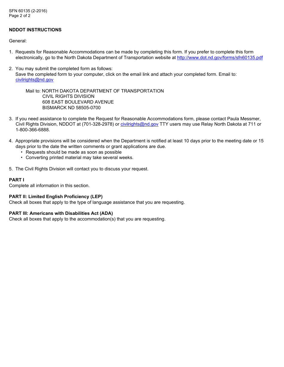 Form SFN60135 Request for Reasonable Accommodations - North Dakota, Page 2