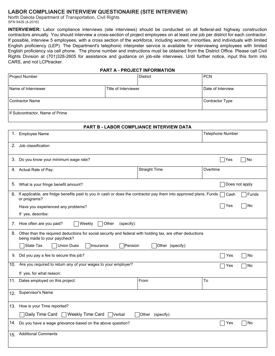 Form SFN9426 Labor Compliance Interview Questionaire (Site Interview) - North Dakota, Page 1