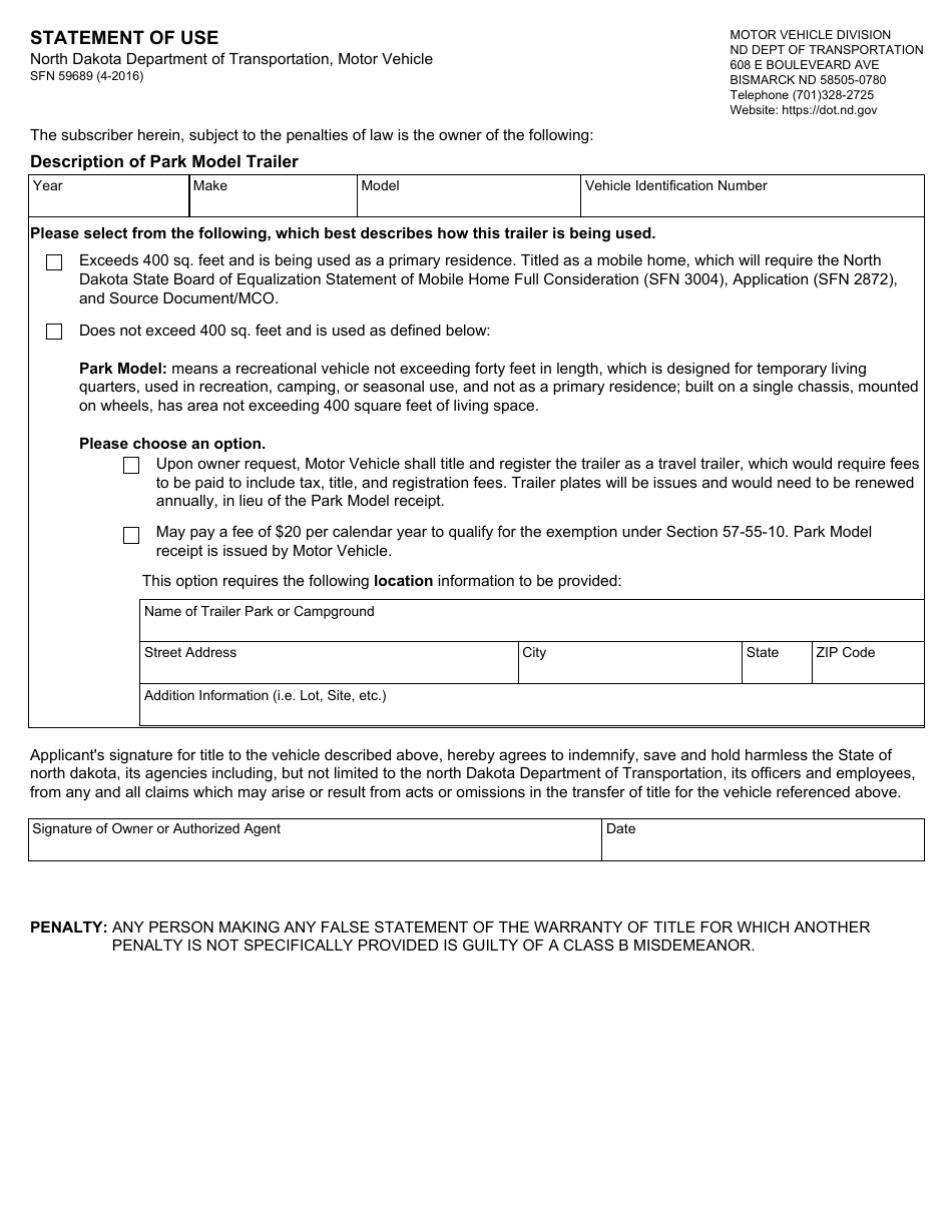 Form SFN59689 Statement of Use - North Dakota, Page 1