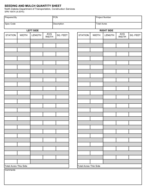 Form SFN16474 Seeding and Mulch Quantity Sheet - North Dakota
