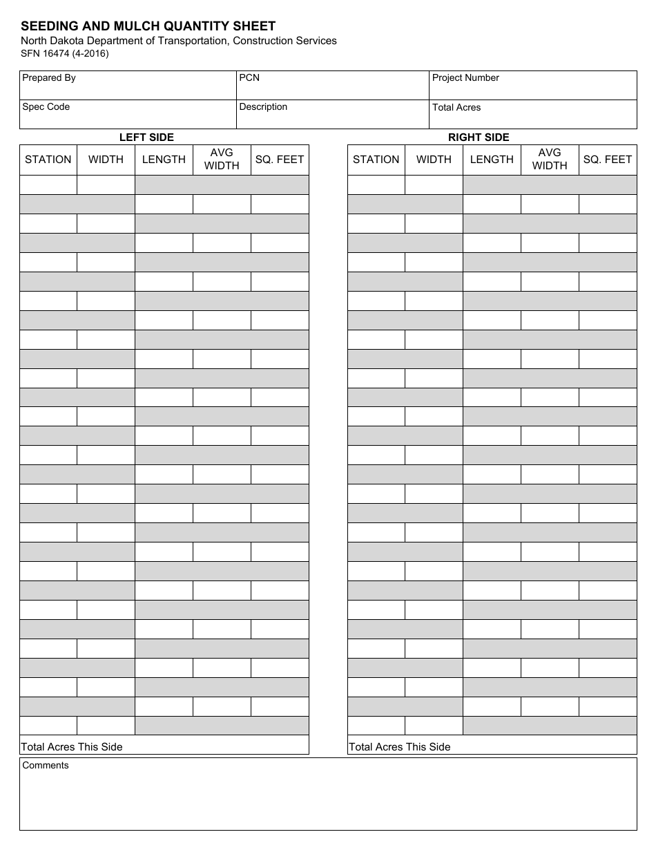 Form SFN16474 Seeding and Mulch Quantity Sheet - North Dakota, Page 1