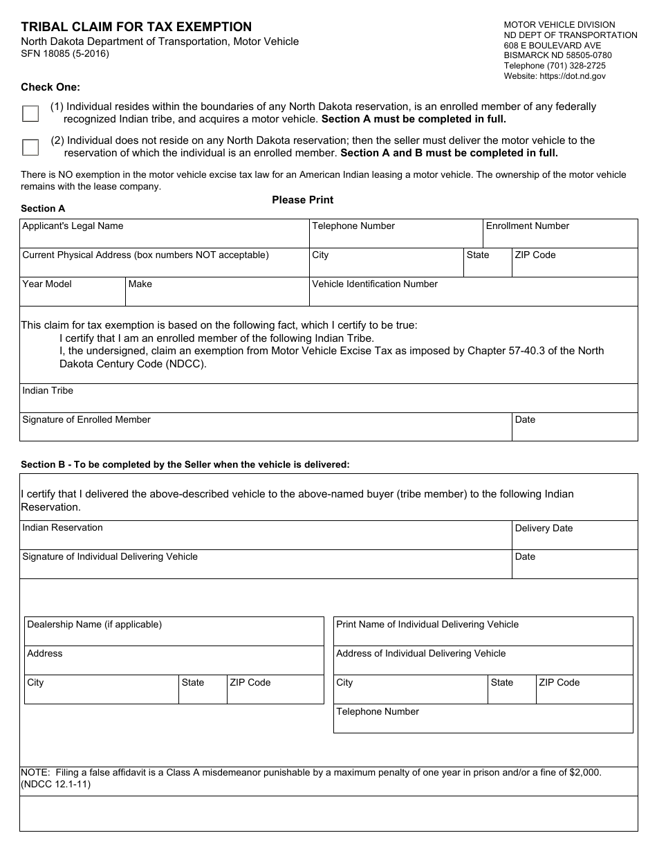 Form SFN18085 Tribal Claim for Tax Exemption - North Dakota, Page 1