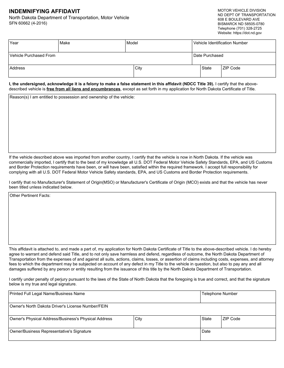 Form SFN60662 Indemnifying Affidavit - North Dakota, Page 1