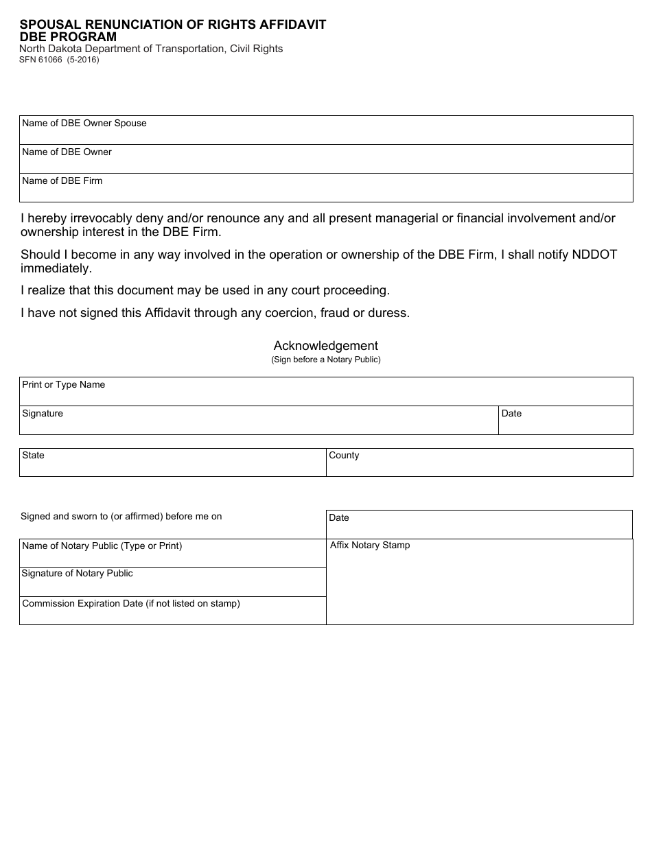 Form SFN61066 Spousal Renunciation of Rights Affidavit - Dbe Program - North Dakota, Page 1