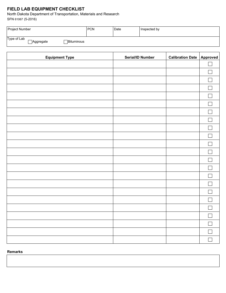 Form SFN61067 Field Lab Equipment Checklist - North Dakota, Page 1