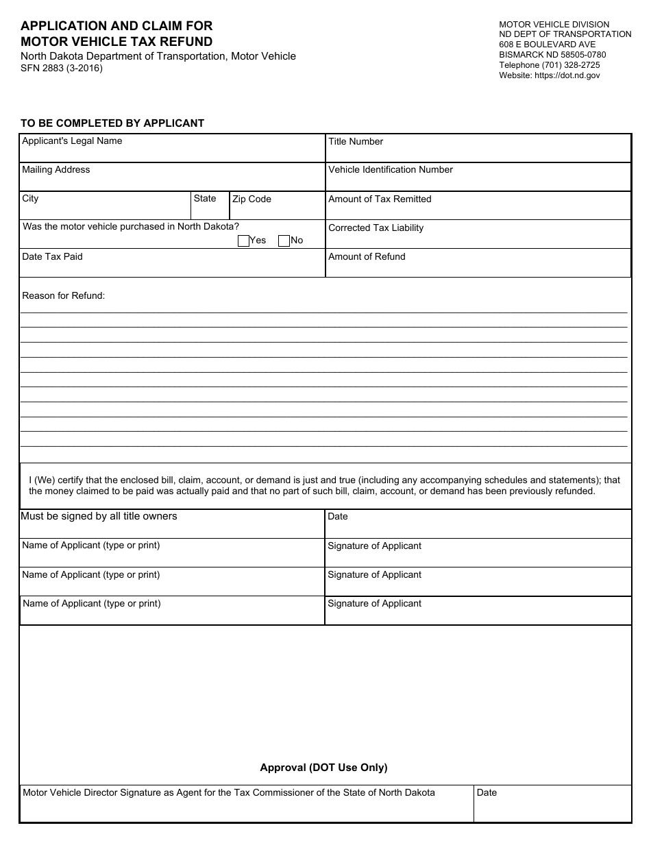 Form SFN2883 Application and Claim for Motor Vehicle Tax Refund - North Dakota, Page 1