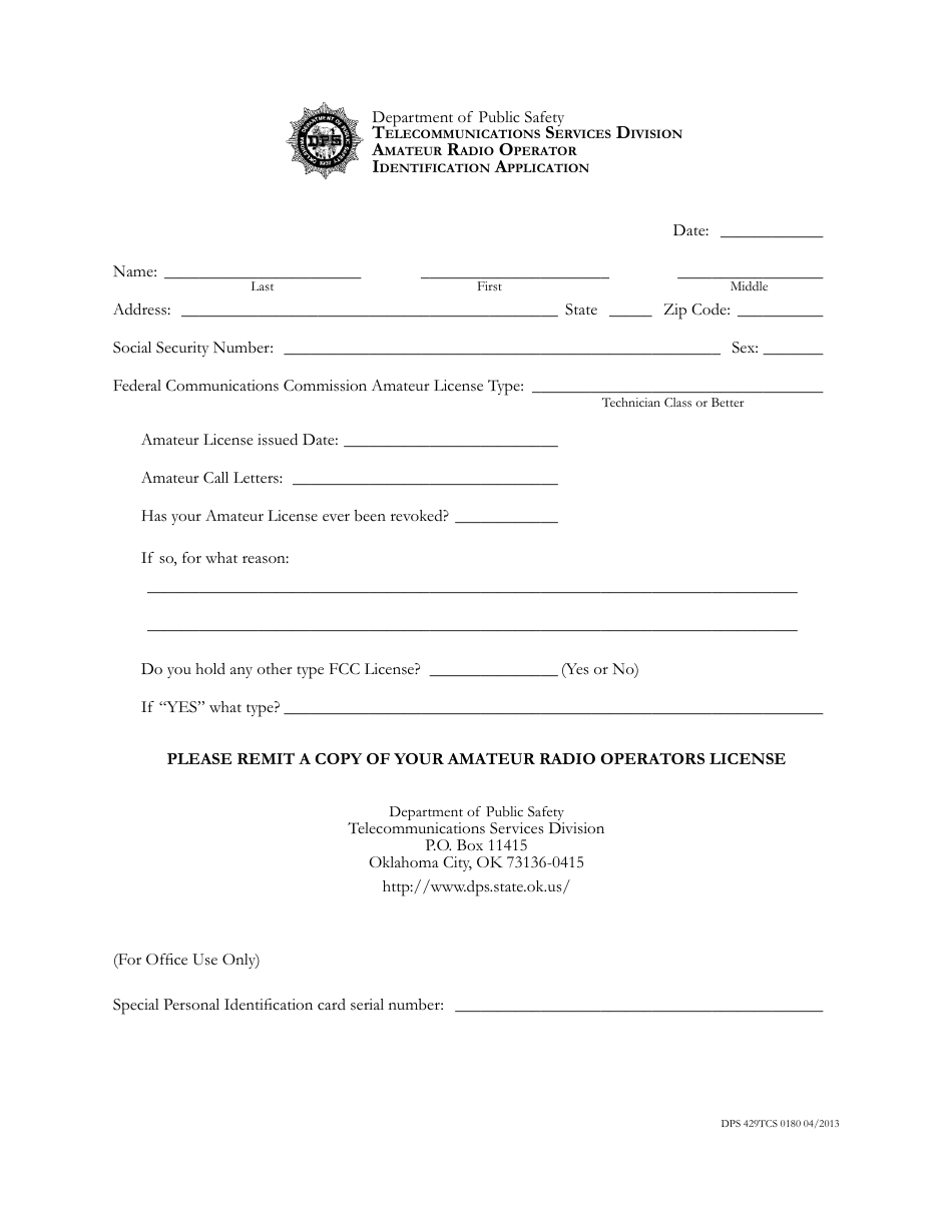 Form DPS429TCS Amateur Radio Operator Identification Application - Oklahoma, Page 1