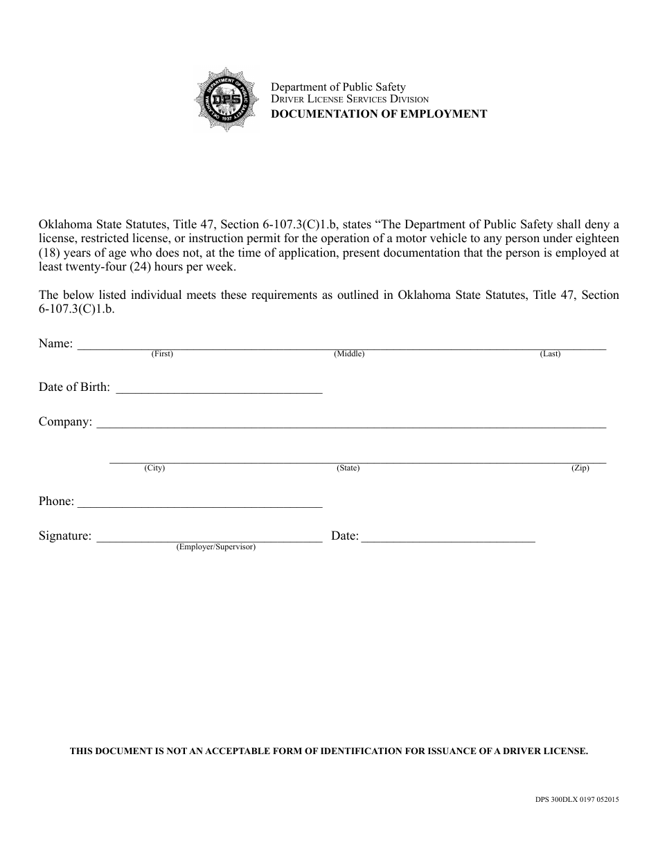 Form DPS300DLX 0197 Documentation of Employment - Oklahoma, Page 1