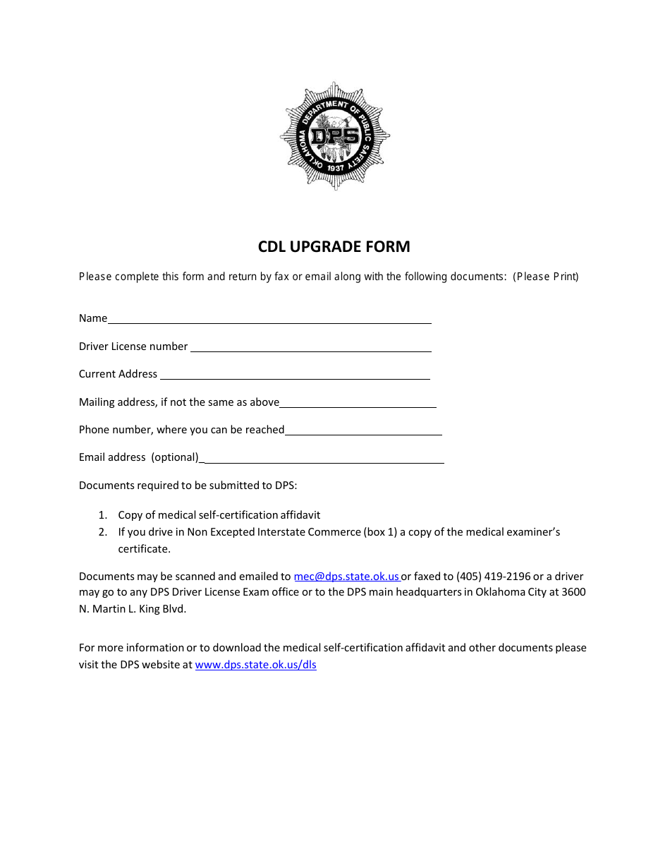 Cdl Upgrade Form - Oklahoma, Page 1