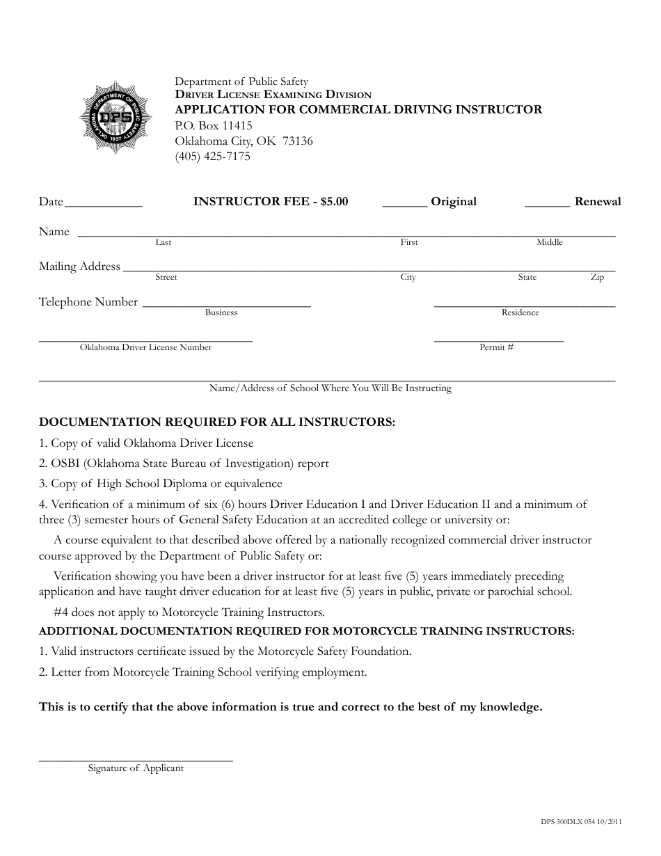 Form DPS300DLX 054 Application for Commercial Driving Instructor - Oklahoma, Page 1