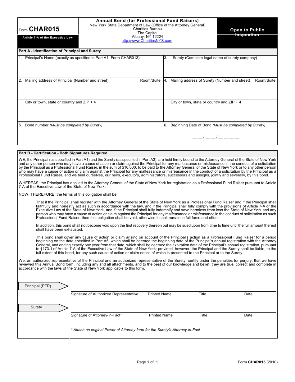 Form CHAR015 Annual Bond (For Professional Fund Raisers) - New York, Page 1