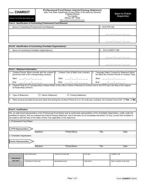 Form CHAR037 Professional Fundraising Interim/Closing Statement - New York