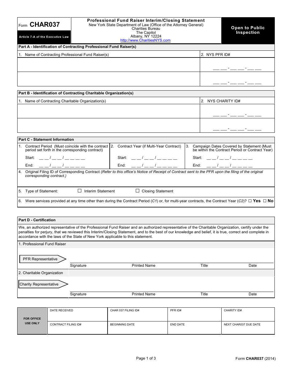 Form CHAR037 Professional Fundraising Interim / Closing Statement - New York, Page 1
