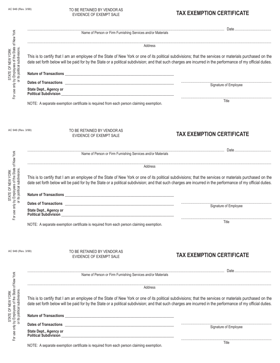 Form AC946 Tax Exemption Certificate - New York, Page 1