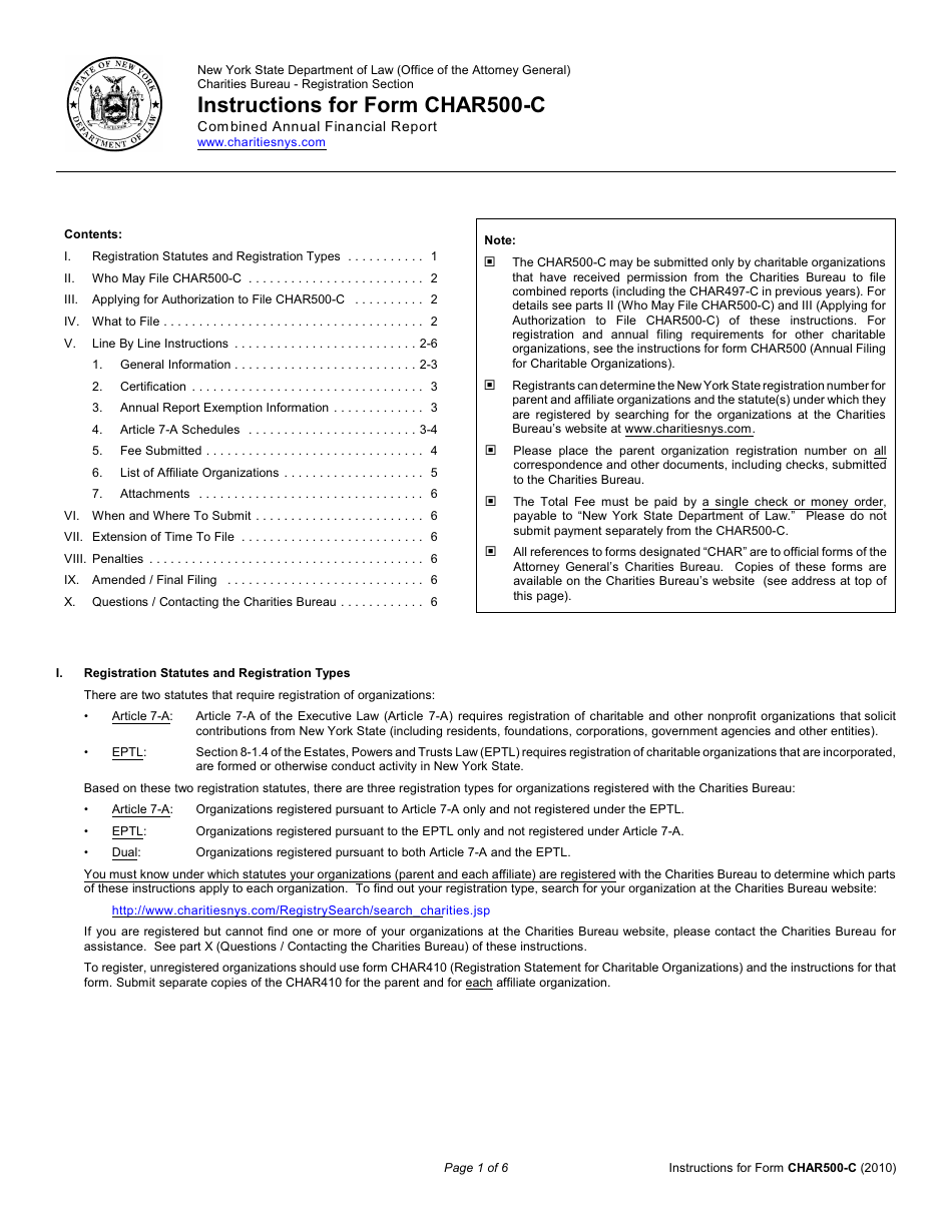 Instructions for Form CHAR500-C Combined Annual Financial Report - New York, Page 1