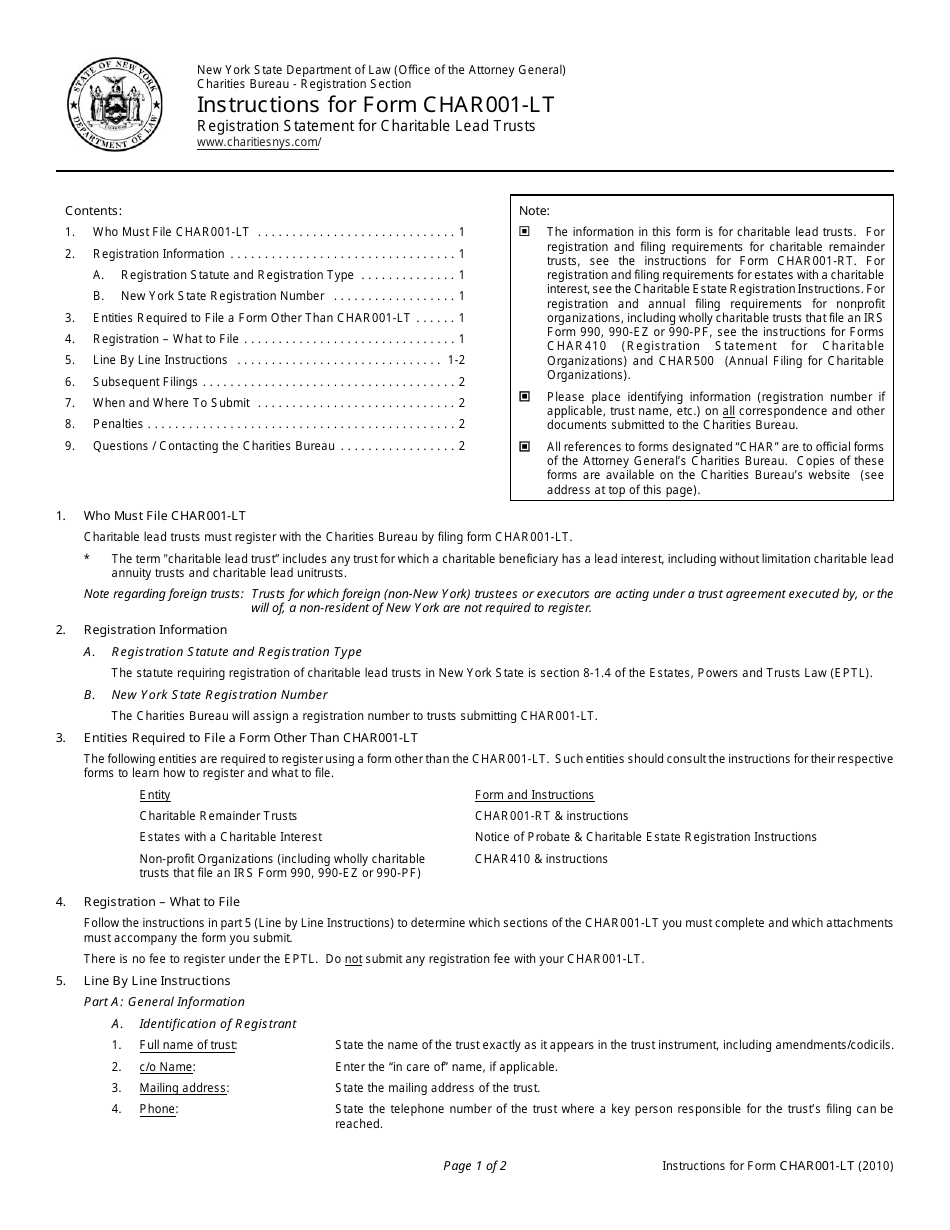 Instructions for Form CHAR001-LT Registration Statement for Charitable Lead Trusts - New York, Page 1