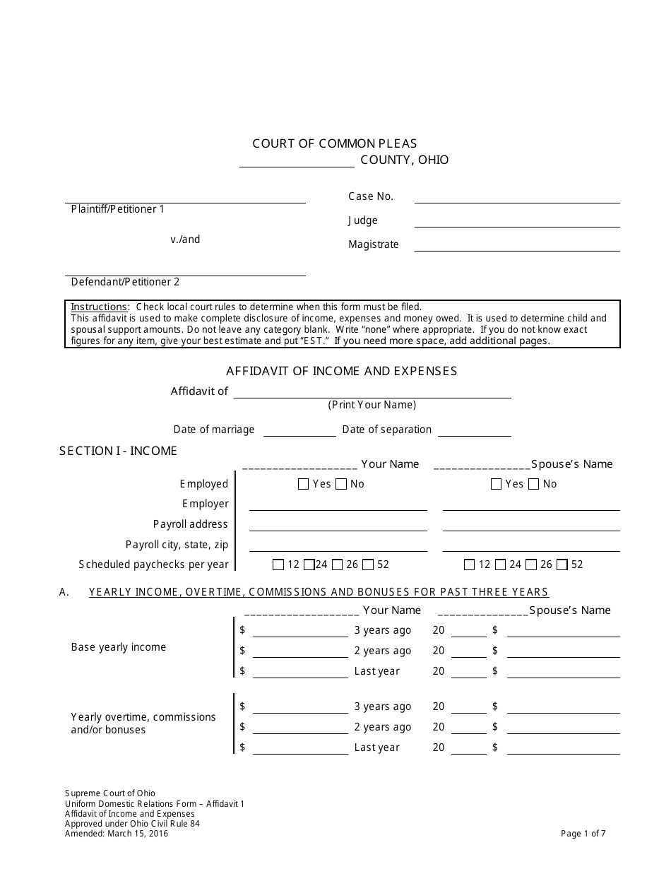 Uniform Domestic Relations Form 1 Affidavit of Income and Expenses - Ohio, Page 1