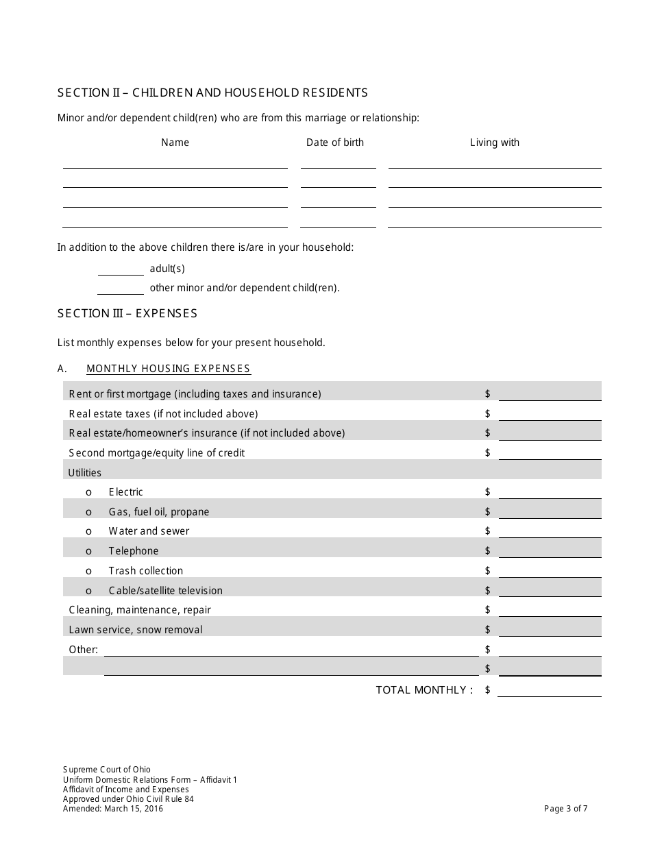 Uniform Domestic Relations Form 1 Affidavit of Income and Expenses - Ohio, Page 3
