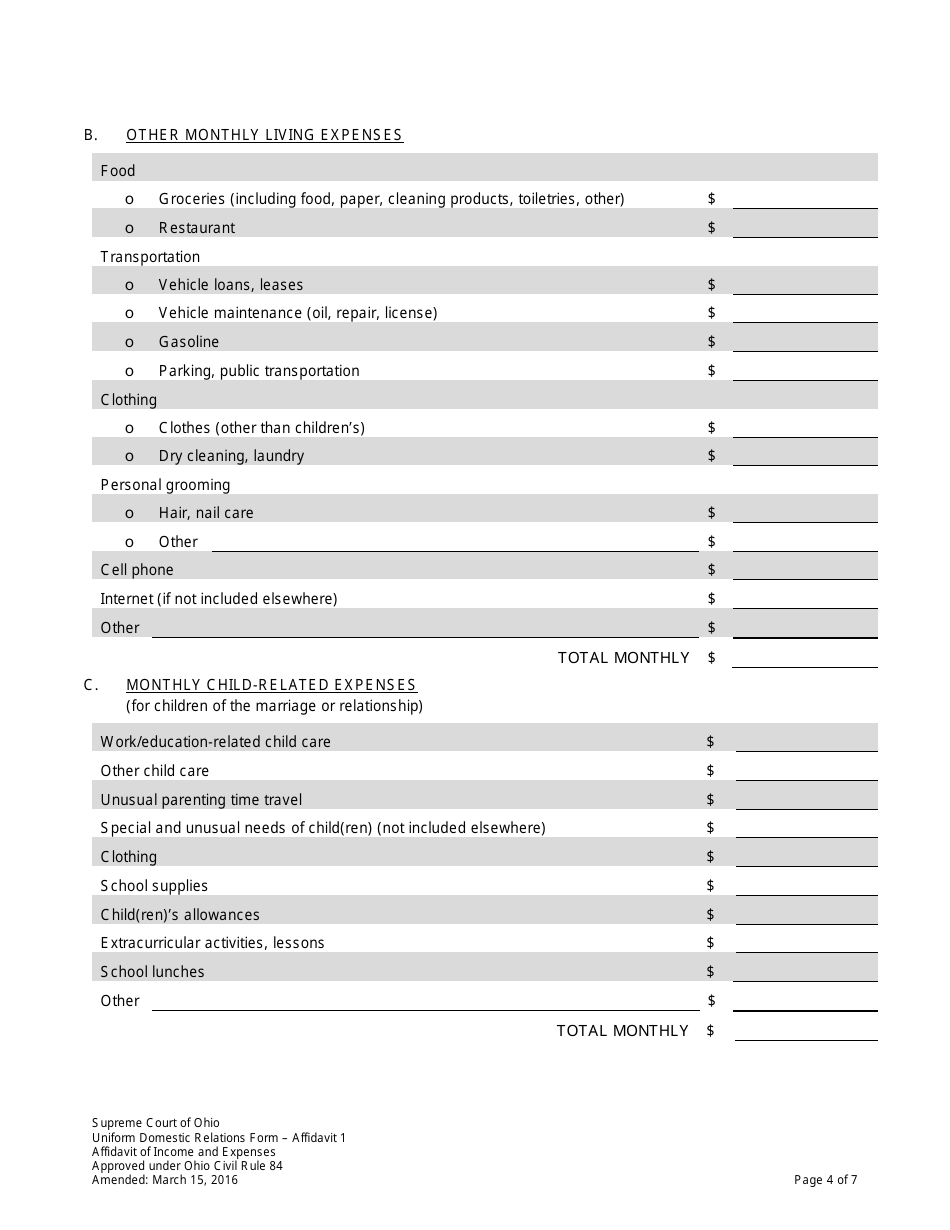 Uniform Domestic Relations Form 1 Affidavit of Income and Expenses - Ohio, Page 4