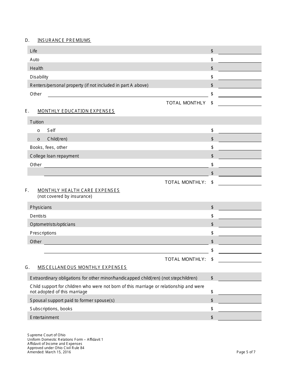 Uniform Domestic Relations Form 1 Affidavit of Income and Expenses - Ohio, Page 5