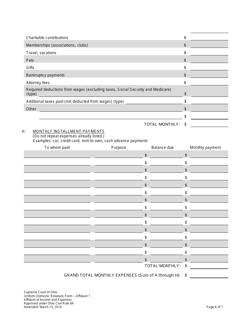 Uniform Domestic Relations Form 1 Affidavit of Income and Expenses - Ohio, Page 6