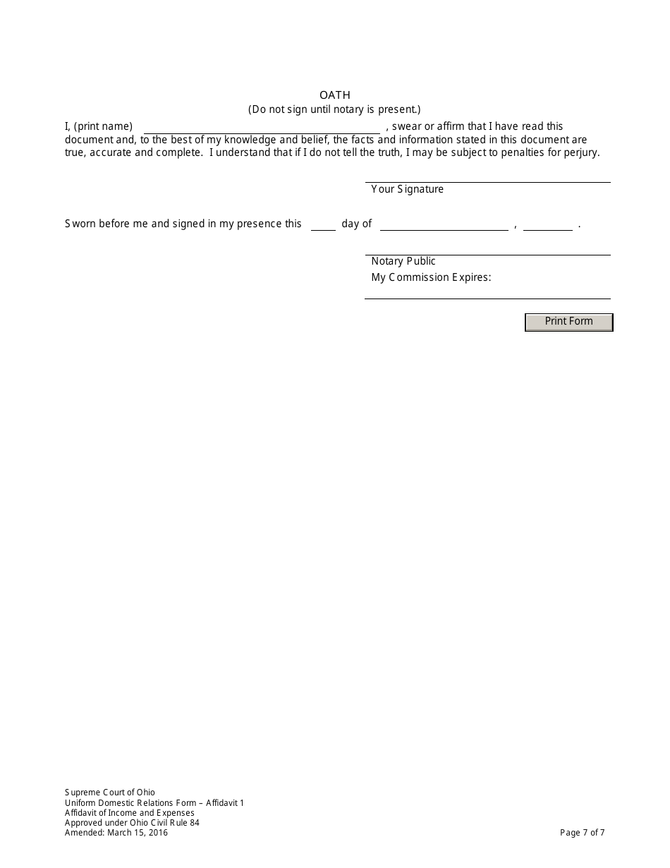 Uniform Domestic Relations Form 1 Affidavit of Income and Expenses - Ohio, Page 7