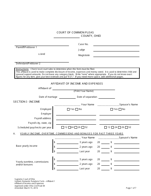 Uniform Domestic Relations Form 1  Printable Pdf