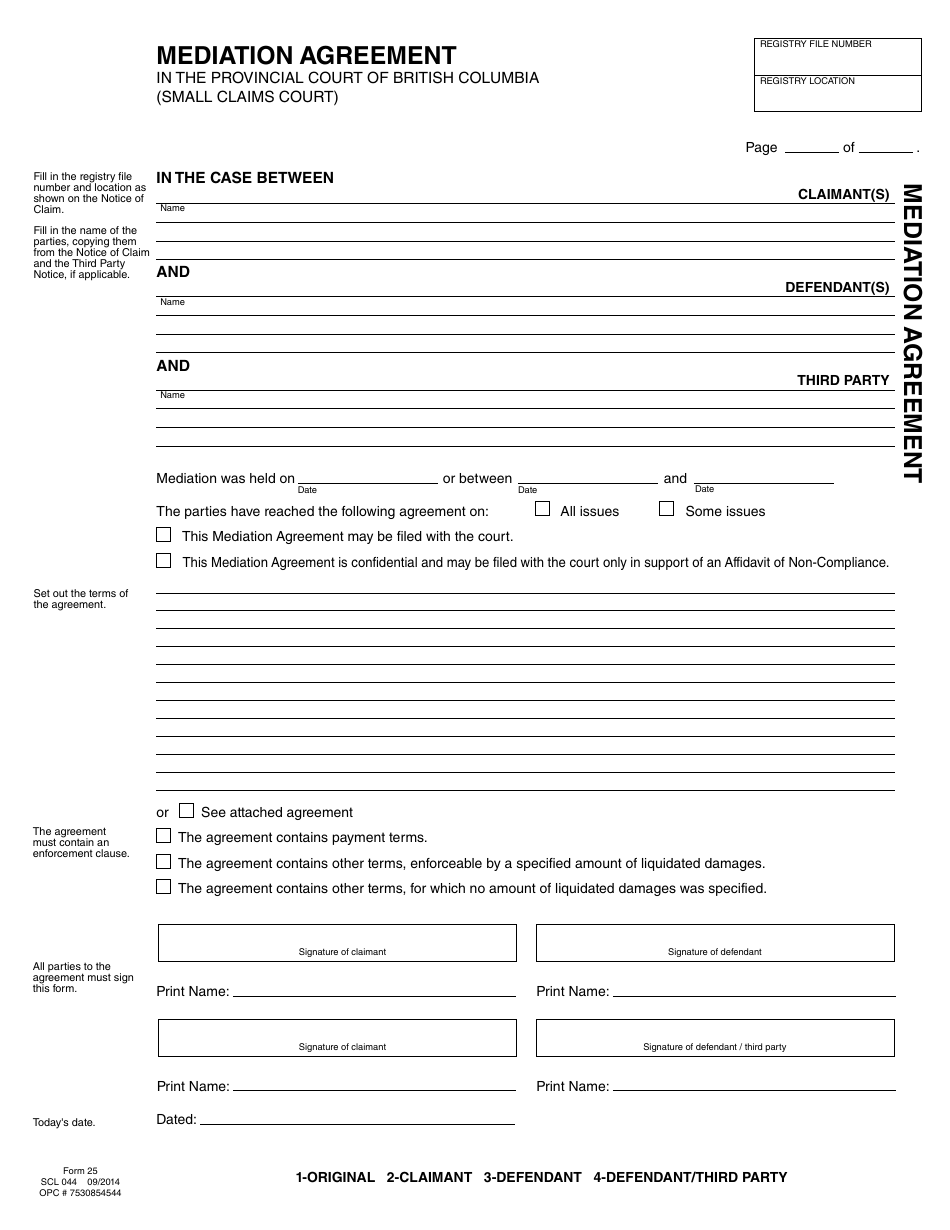 SCR Form 25 (SCL044) Mediation Agreement - British Columbia, Canada, Page 1