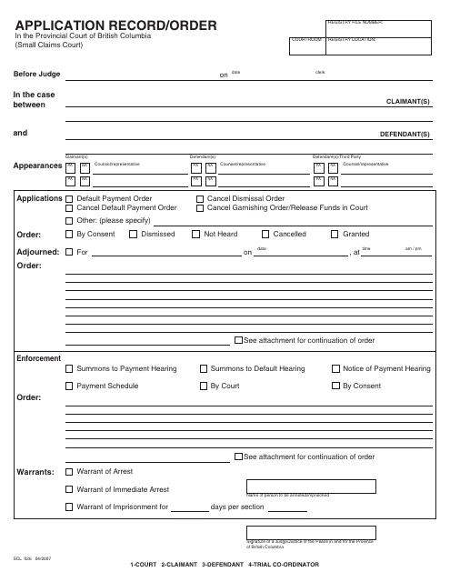 Form SCL026 Application Record/Order - British Columbia, Canada