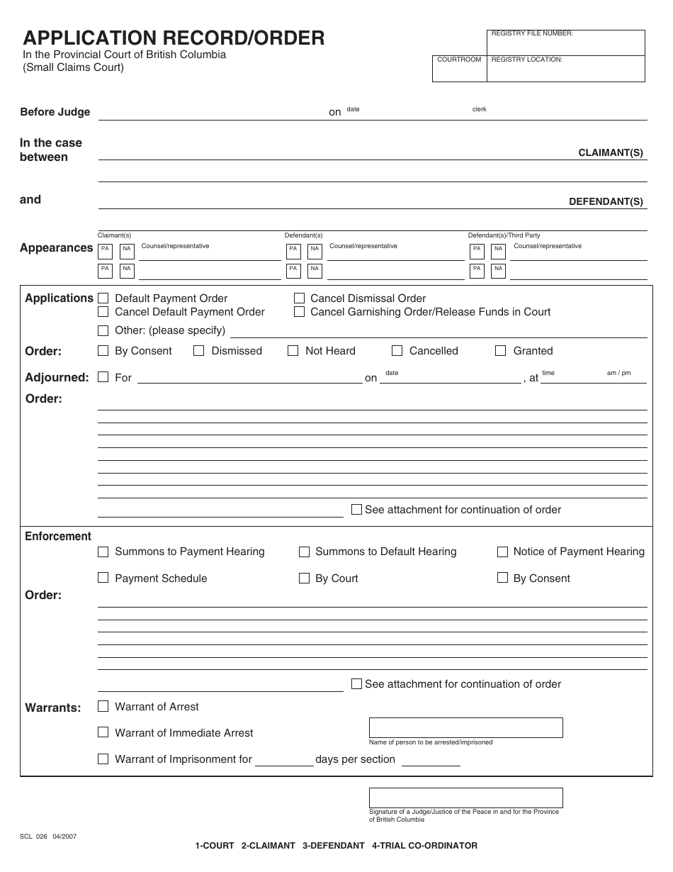 Form SCL026 Application Record / Order - British Columbia, Canada, Page 1