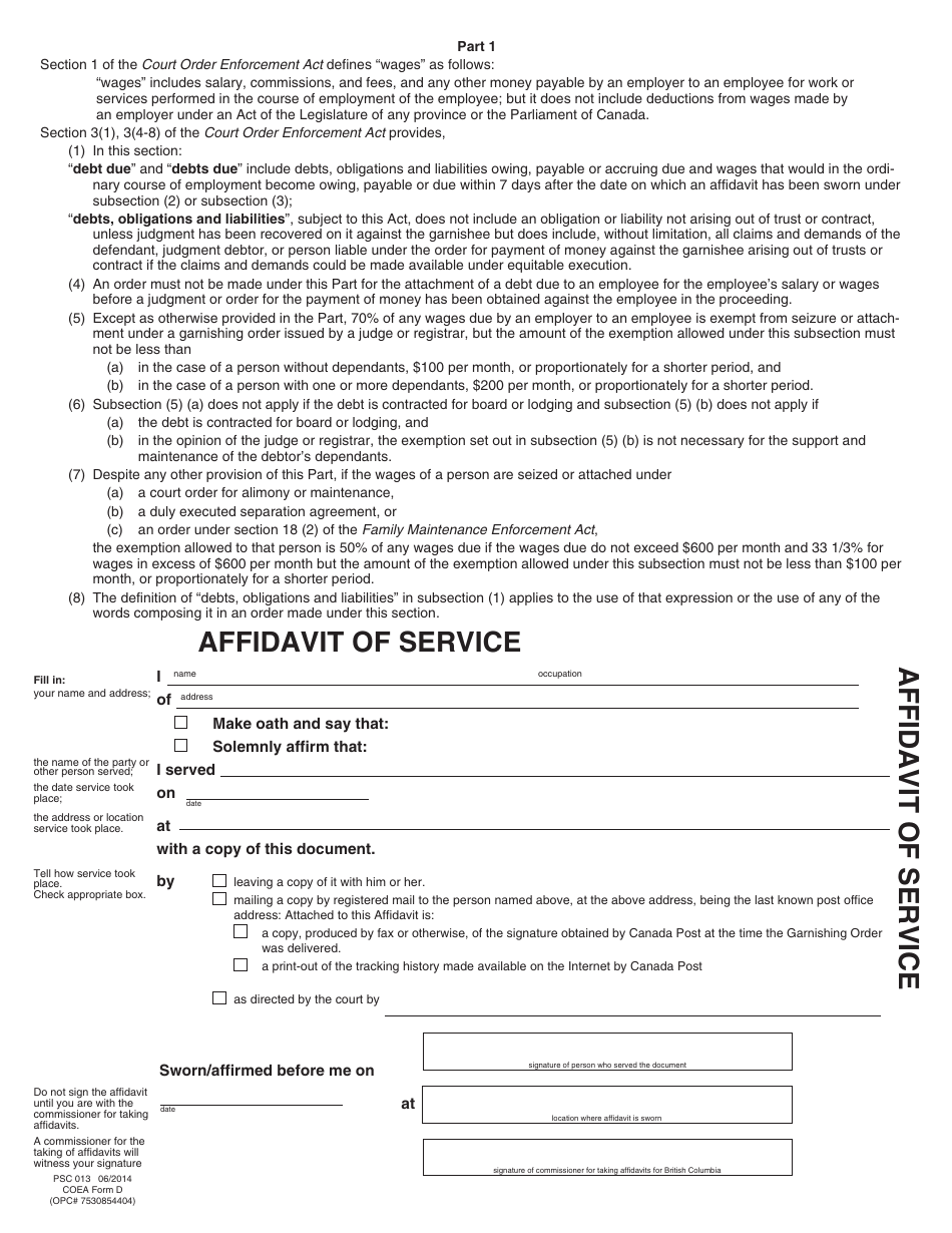 COEA Form D (PSC013) Garnishing Order (After Judgment) - British Columbia, Canada, Page 3
