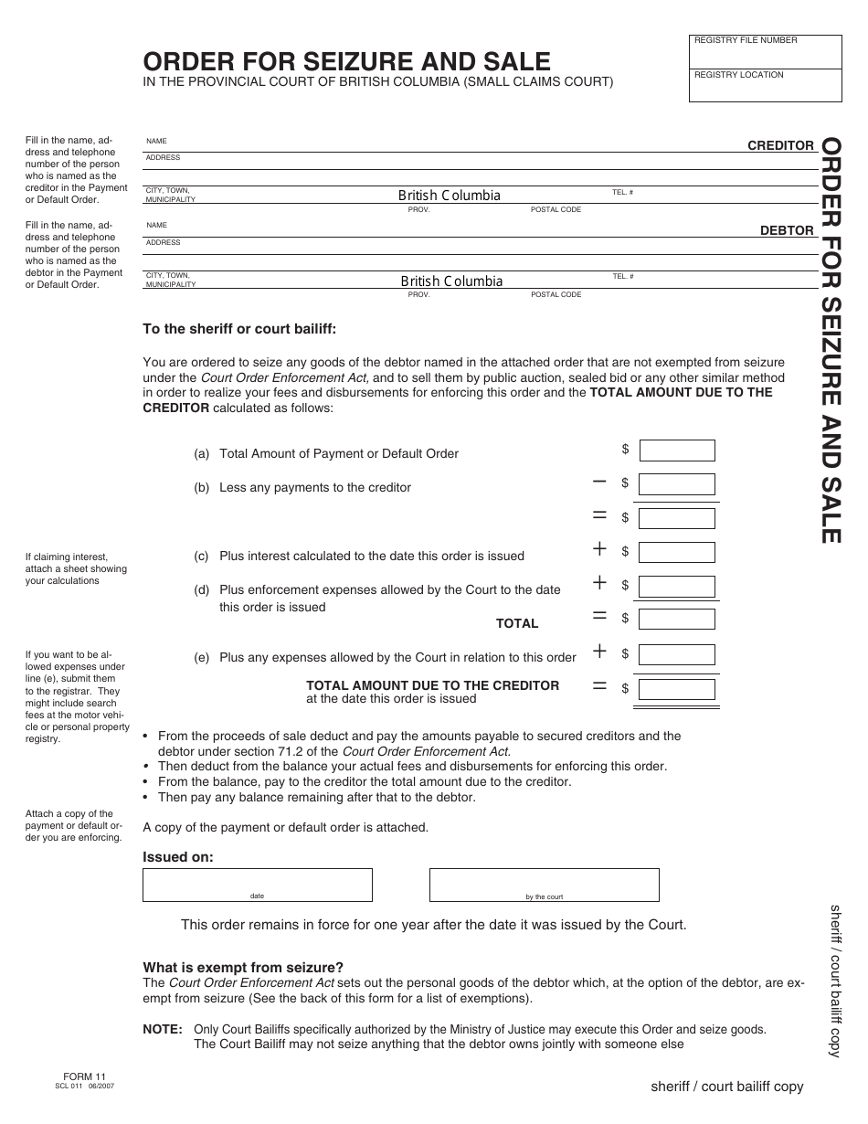 Form 11 (SCL011) Order for Seizure and Sale - British Columbia, Canada, Page 2