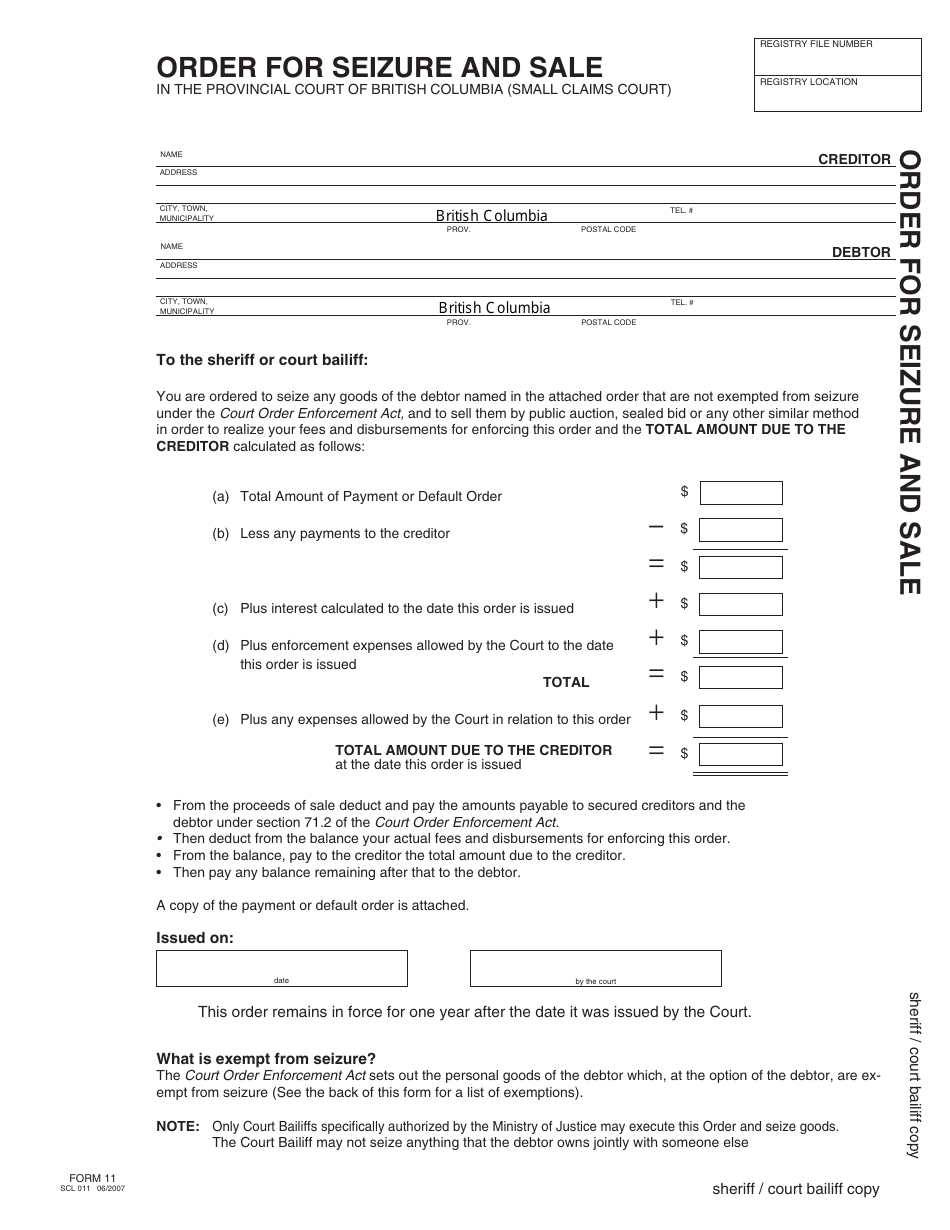 Form 11 (SCL011) Order for Seizure and Sale - British Columbia, Canada, Page 4