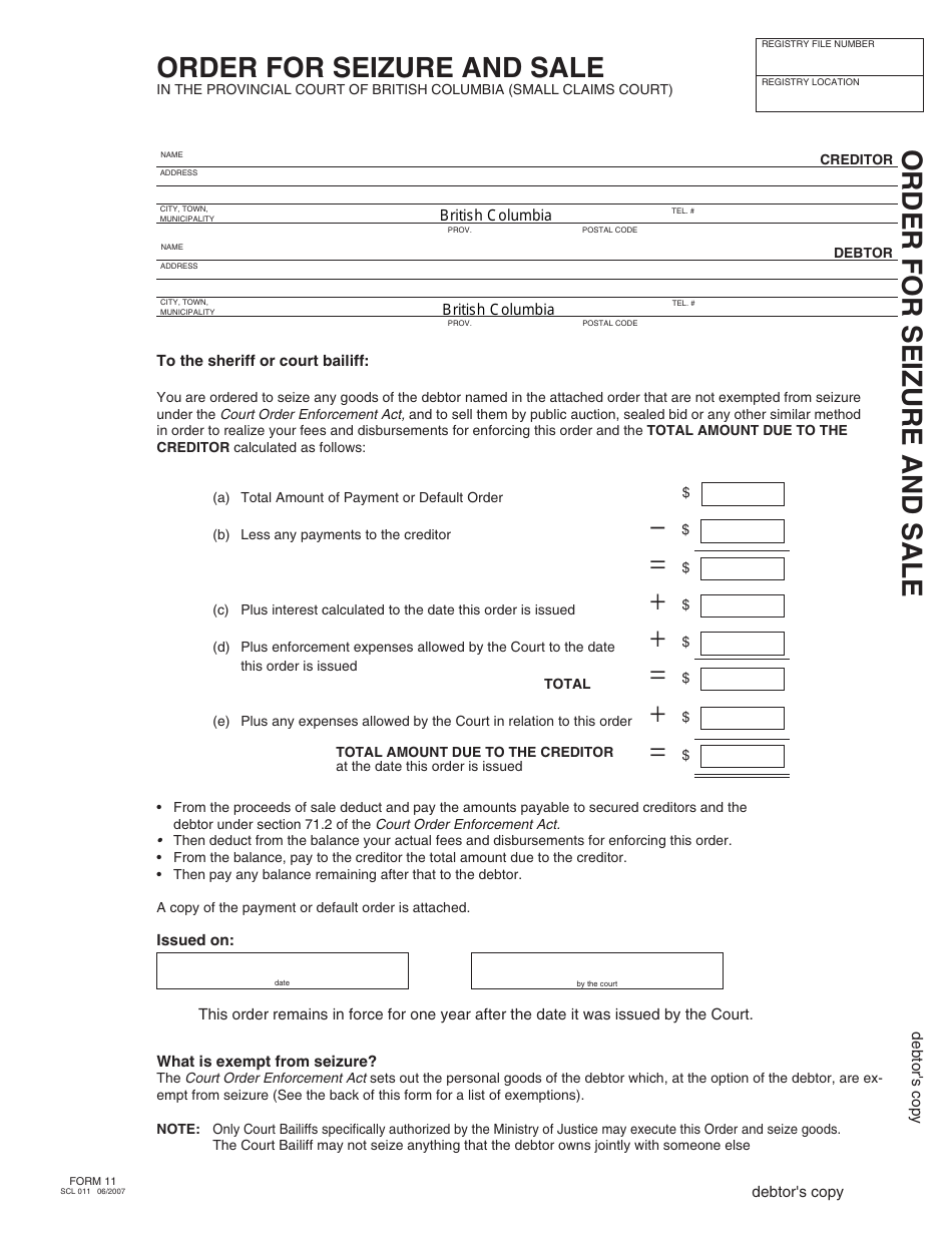 Form 11 (SCL011) Order for Seizure and Sale - British Columbia, Canada, Page 5