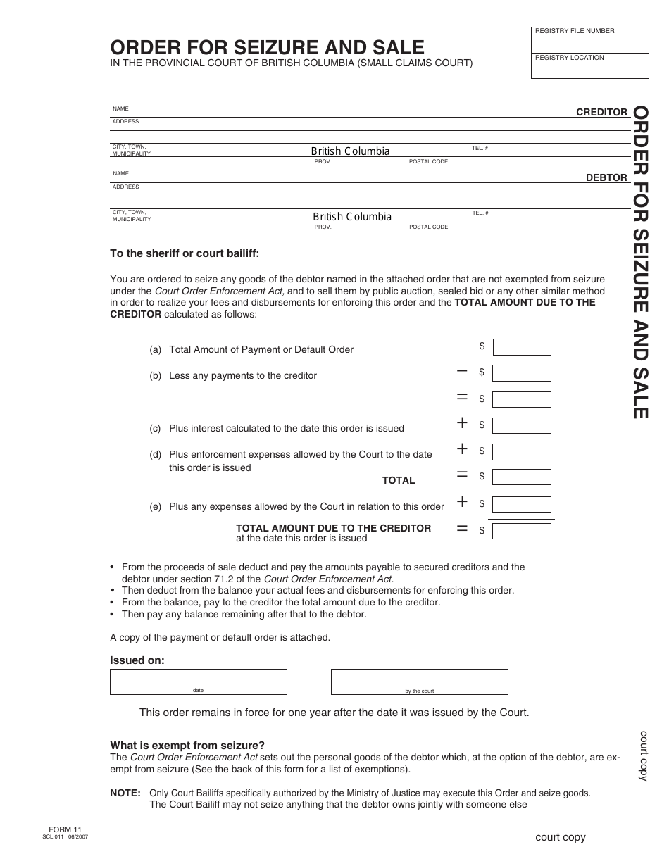 Form 11 (SCL011) Order for Seizure and Sale - British Columbia, Canada, Page 6