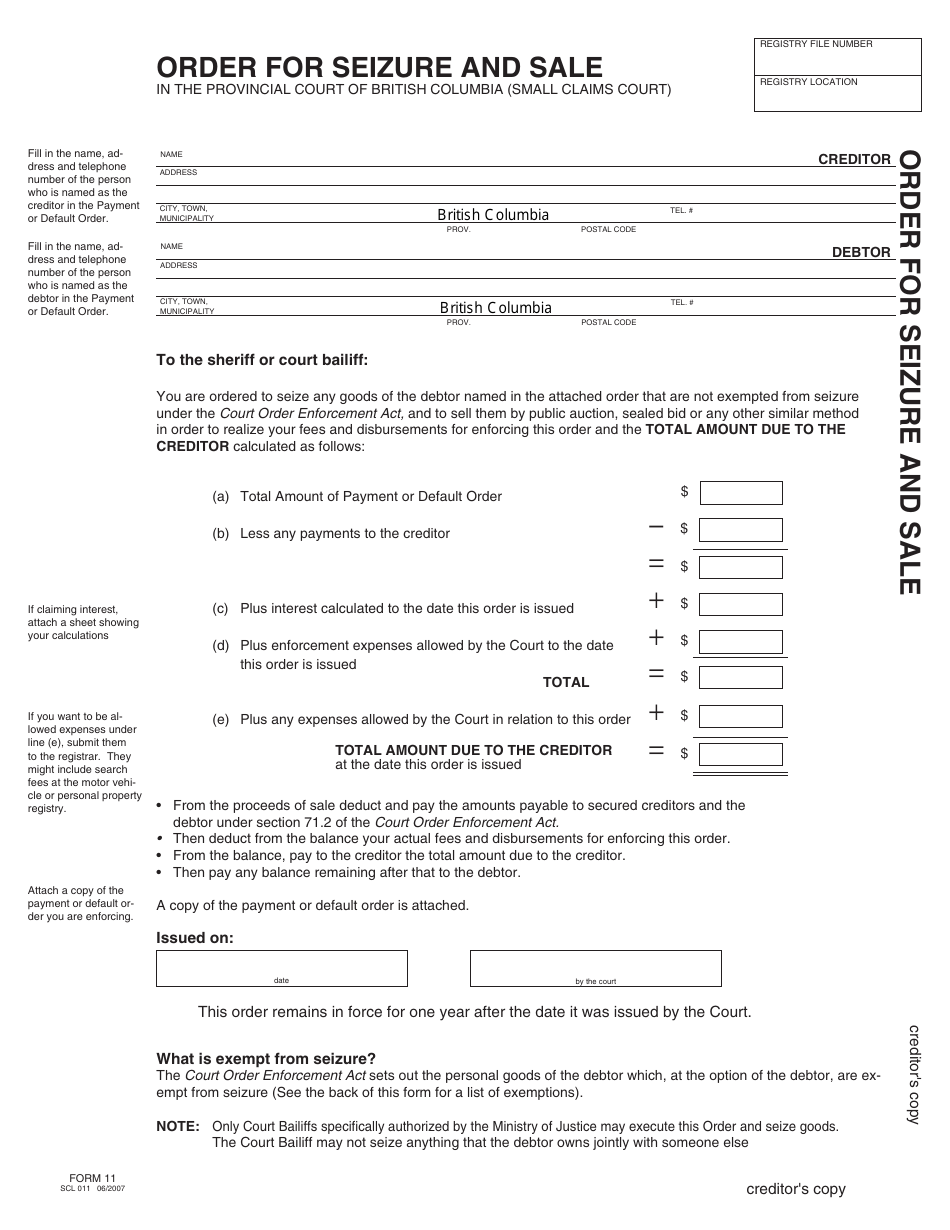 Form 11 (SCL011) Order for Seizure and Sale - British Columbia, Canada, Page 7