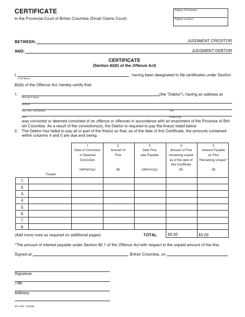 Form SCL804 Certificate - British Columbia, Canada