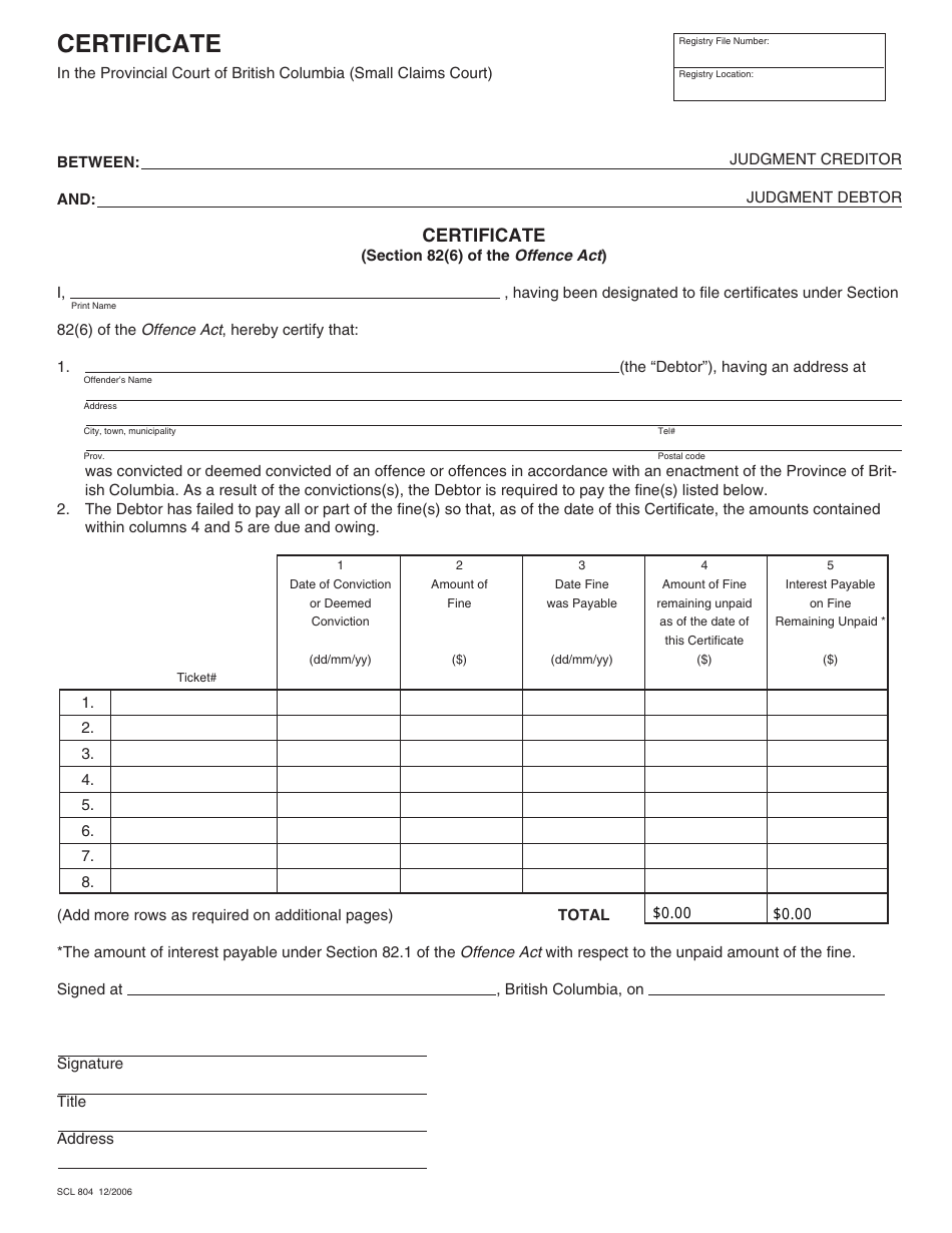 Form SCL804 Certificate - British Columbia, Canada, Page 1
