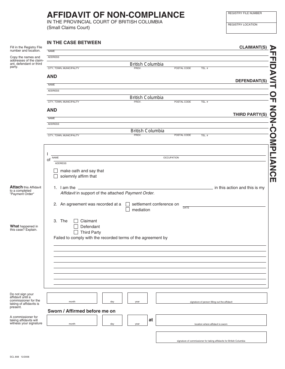 Form SCL808 Affidavit of Non-compliance - British Columbia, Canada, Page 1