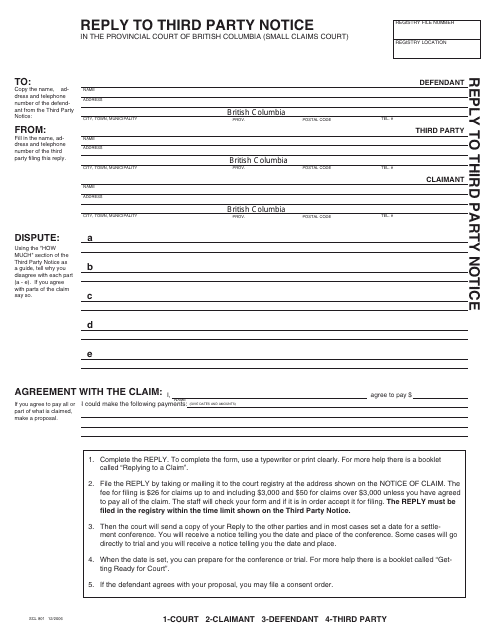 Form SCL801 Reply to Third Party Notice - British Columbia, Canada
