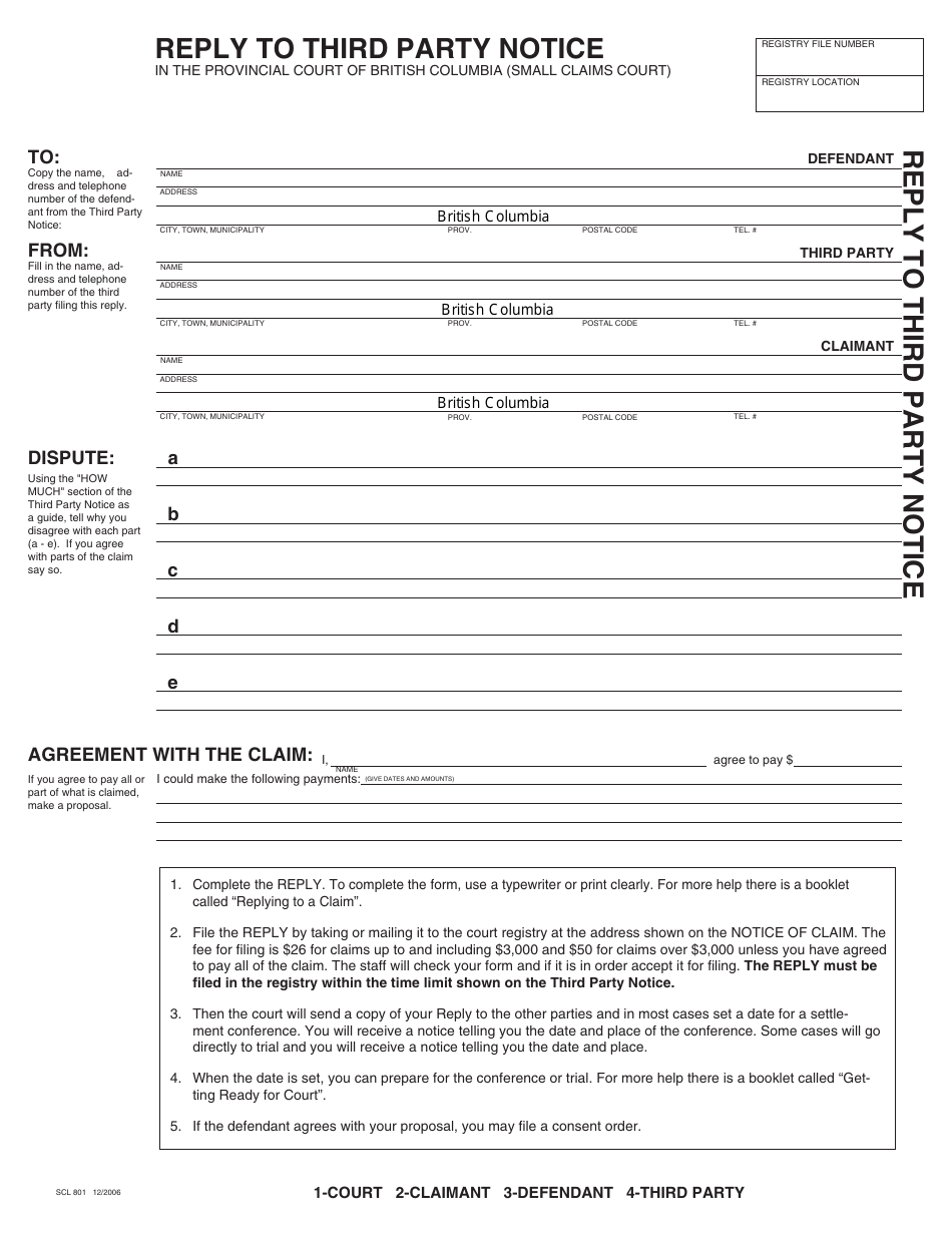 Form SCL801 Reply to Third Party Notice - British Columbia, Canada, Page 1
