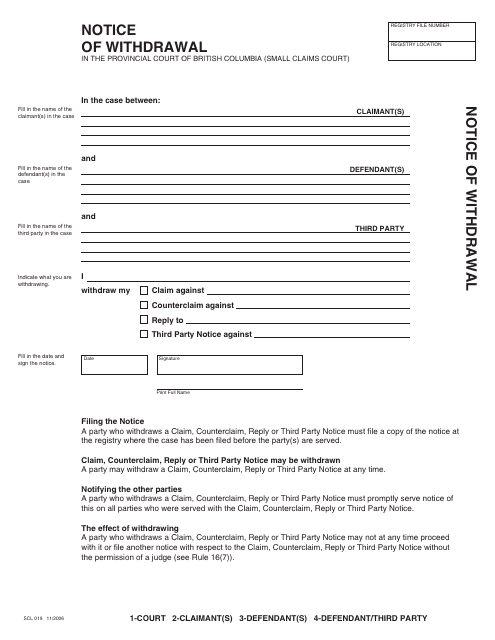 Form SCL019 Notice of Withdrawal - British Columbia, Canada